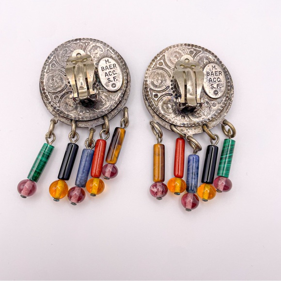 Vintage M. Baer 1980’s Silver Tone Stone Bead Dangle Clip On Earrings w Circle - Picture 9 of 10